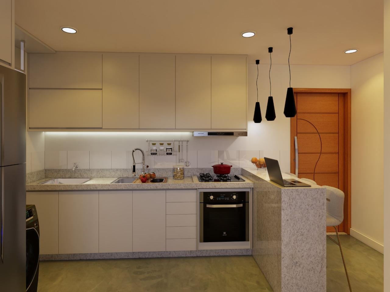 Cozinha americana com iluminação em pendente